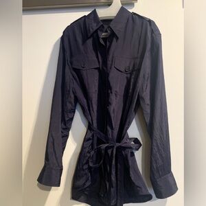 Helmut Lang oversized navy shirt with button-on belt. Crinkly Viscose and poly.